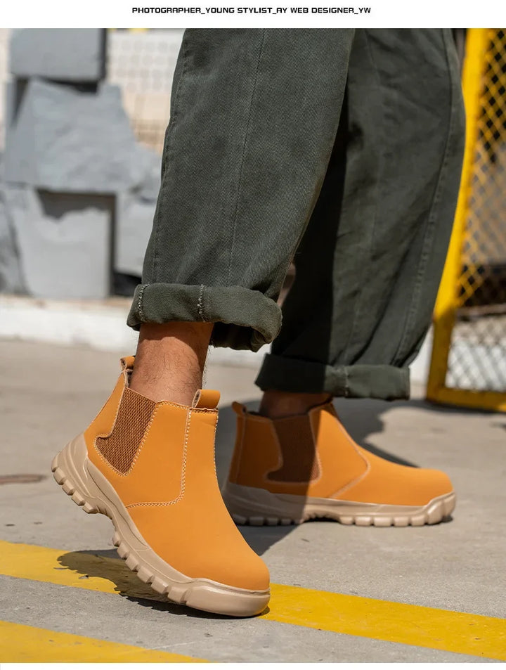 Model stepping forward in tan slip-on boots, showing contrast stitching and chunky beige sole 8