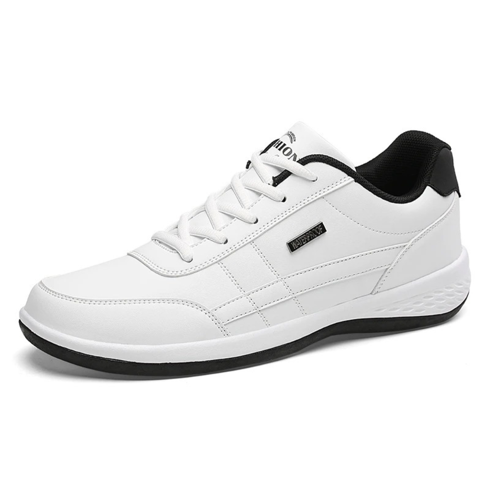 Single white leather lace-up sneaker with a black heel collar and black outsole.