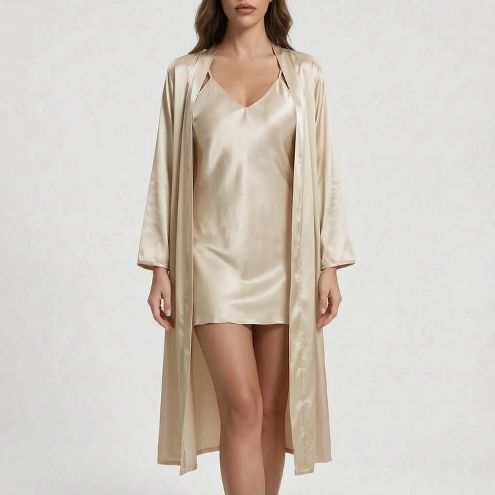 Model wearing the set in a light champagne satin, with the long robe open over the matching V-neck slip dress. 7