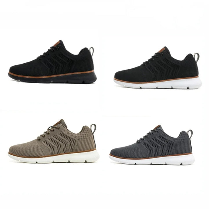 Four sneakers showing the color options: black with black sole, black with white sole, taupe and gray.