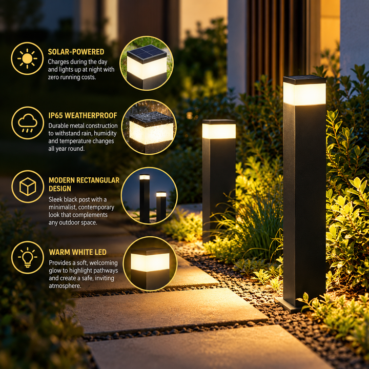 Two lit bollards along a garden path, with four small circular insets highlighting key features 3