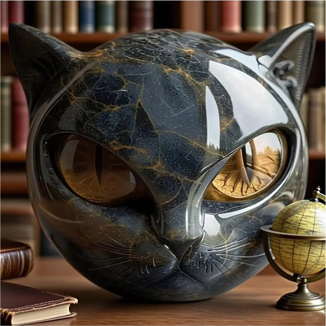 Cat-head sphere with amber eyes on a wooden desk beside a small globe and books 2