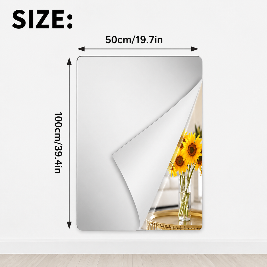 Mirror film sheet with a curled corner and 19.5 x 39.5 in size arrows.