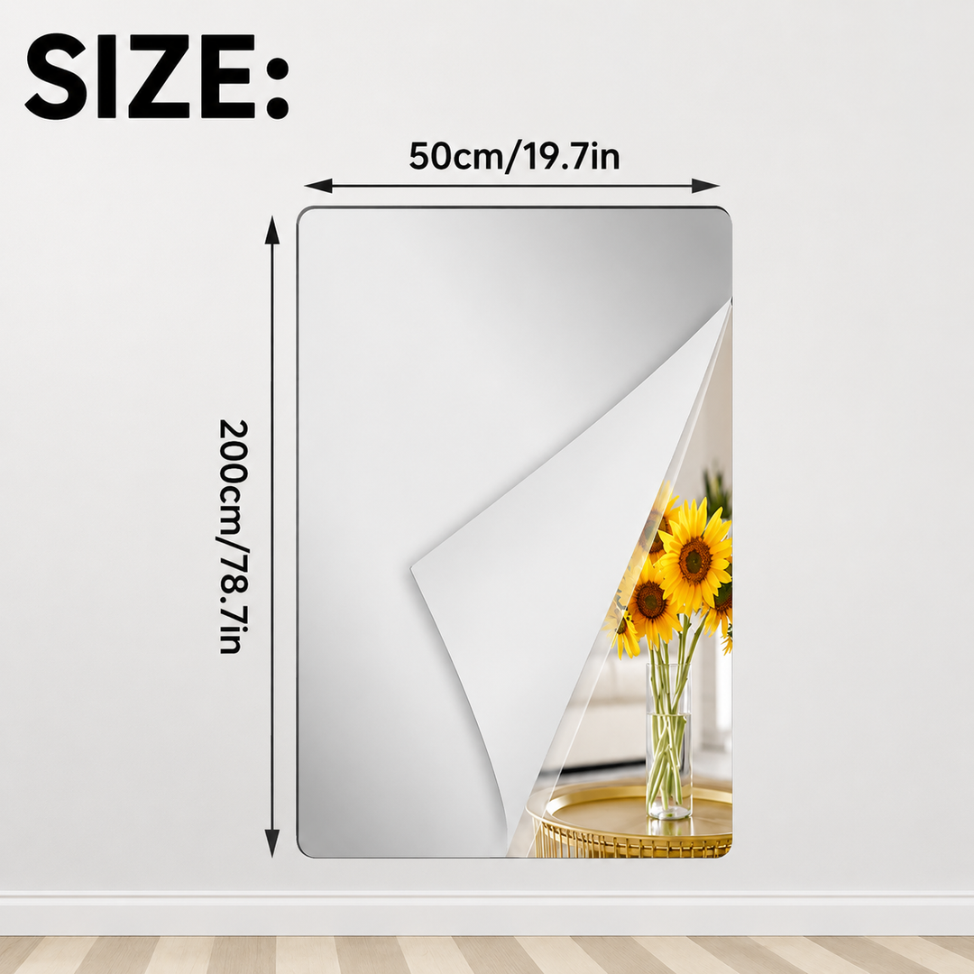 Tall mirror film sheet with a curled corner and 19.5 x 78.7 in size arrows.