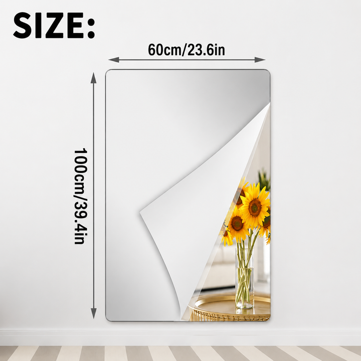 Rectangular mirror film sheet with a peeled corner and 23.6 x 39.4 in size arrows.