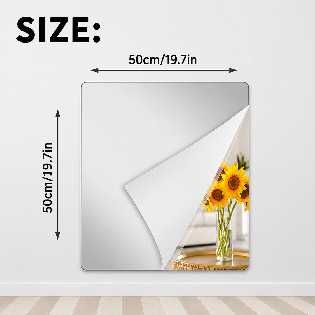 Square mirror film sheet with a curled corner and 19.7 x 19.7 in size arrows.