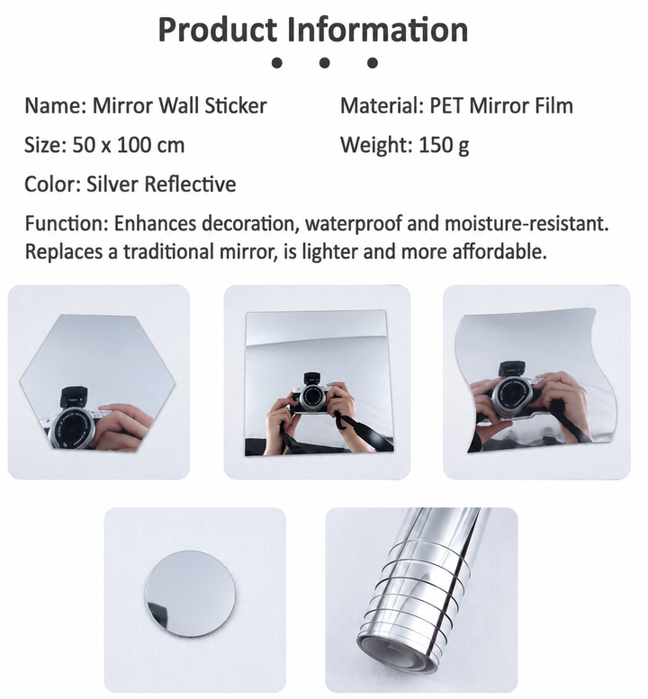 Mirror film pieces in hexagon, square, wavy, round and rolled shapes.