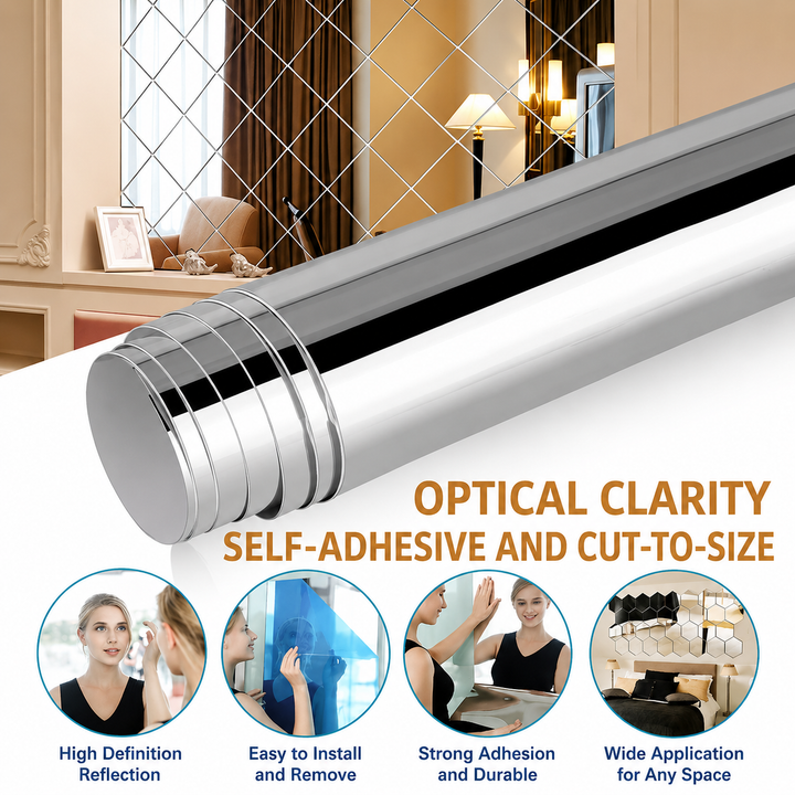 Silver self-adhesive mirror film rolled beside mirror panels.