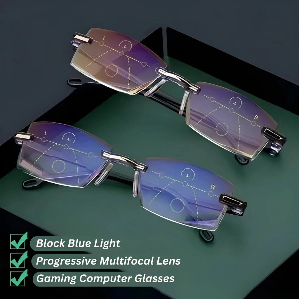 Two pairs of rimless progressive glasses on a green tray with lens zones marked.