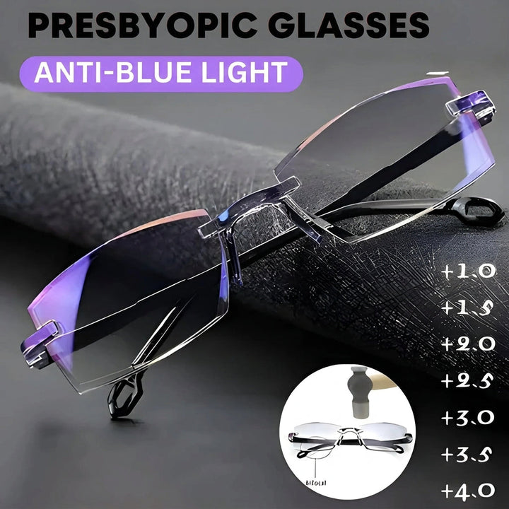 Rimless glasses with blue-tinted lenses on a dark gray fabric roll, with lens strengths beside them.