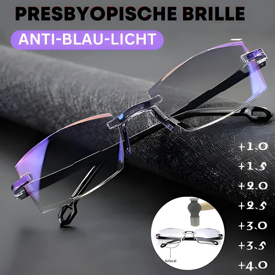 Rimless reading glasses with blue-tinted lenses, detail.