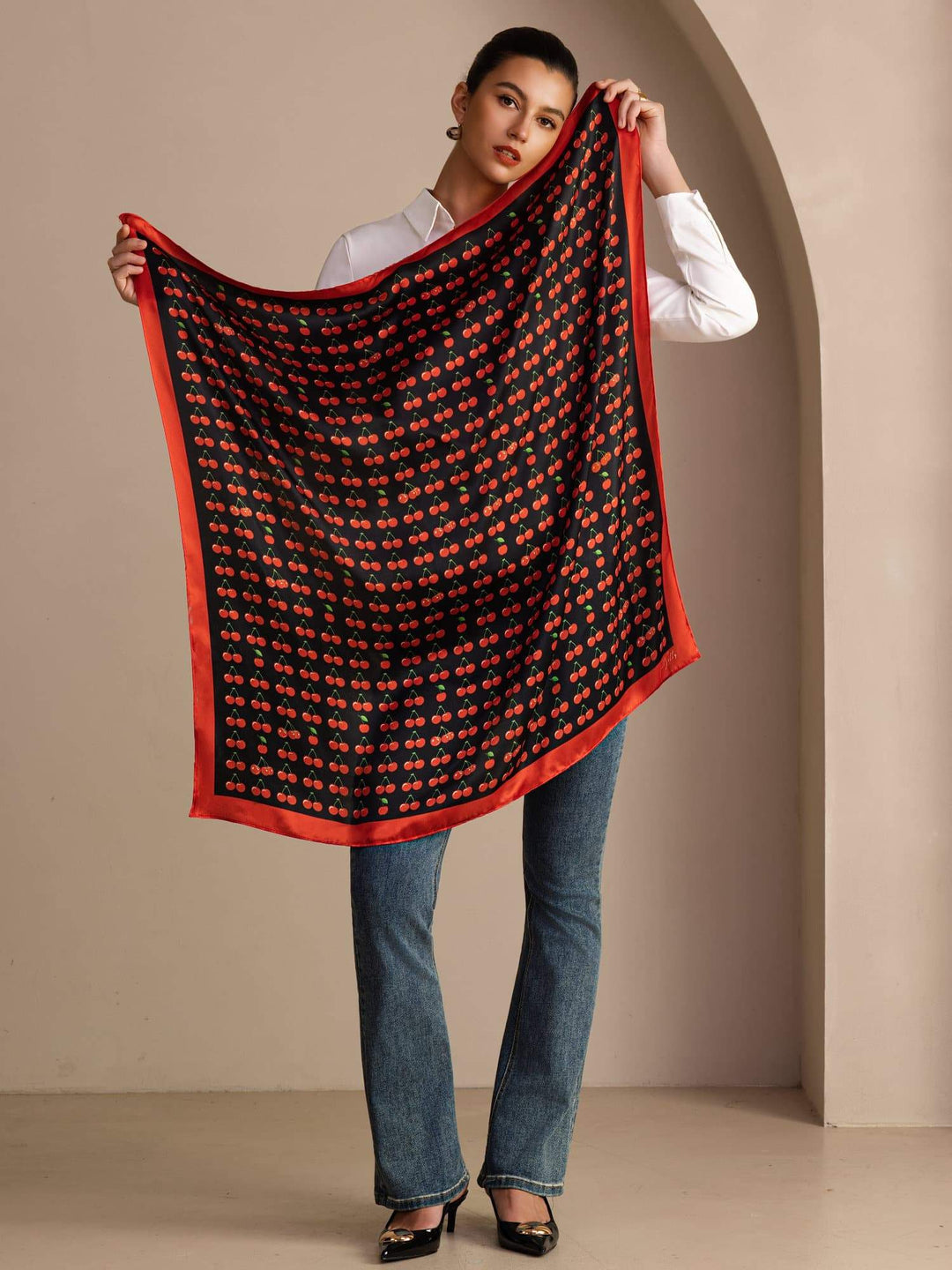 Square Cherry Print Scarf - Cherella