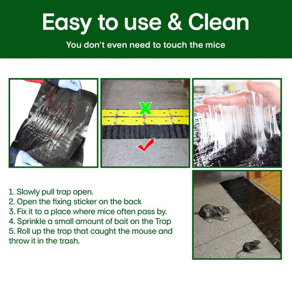 Black glue trap usage steps with a gloved hand, wall placement and adhesive close-up