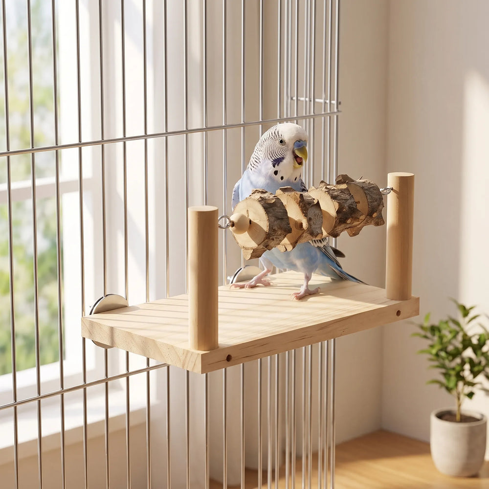 Blue and white budgie standing on the wooden platform, mounted inside a wire cage beside a sunny window. 2