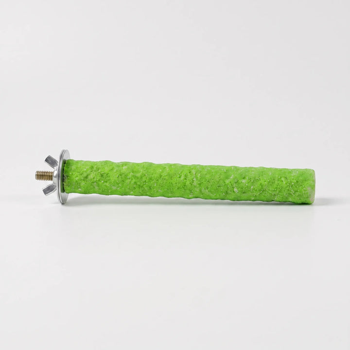 Green gritty cylindrical perch lying on its side, with a round metal washer, wing nut and threaded bolt at one end. 1