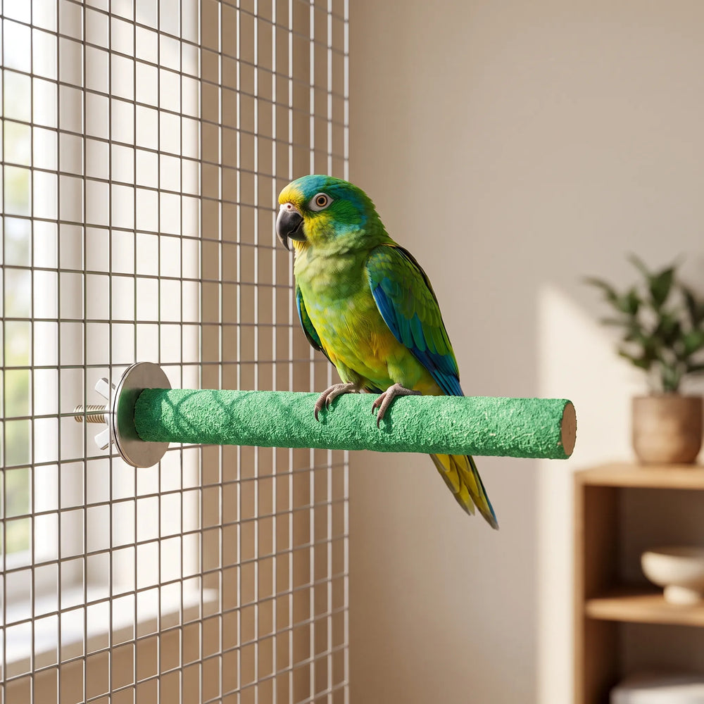 Green and yellow parrot standing on a green textured perch bolted to a wire cage in a bright room. 2