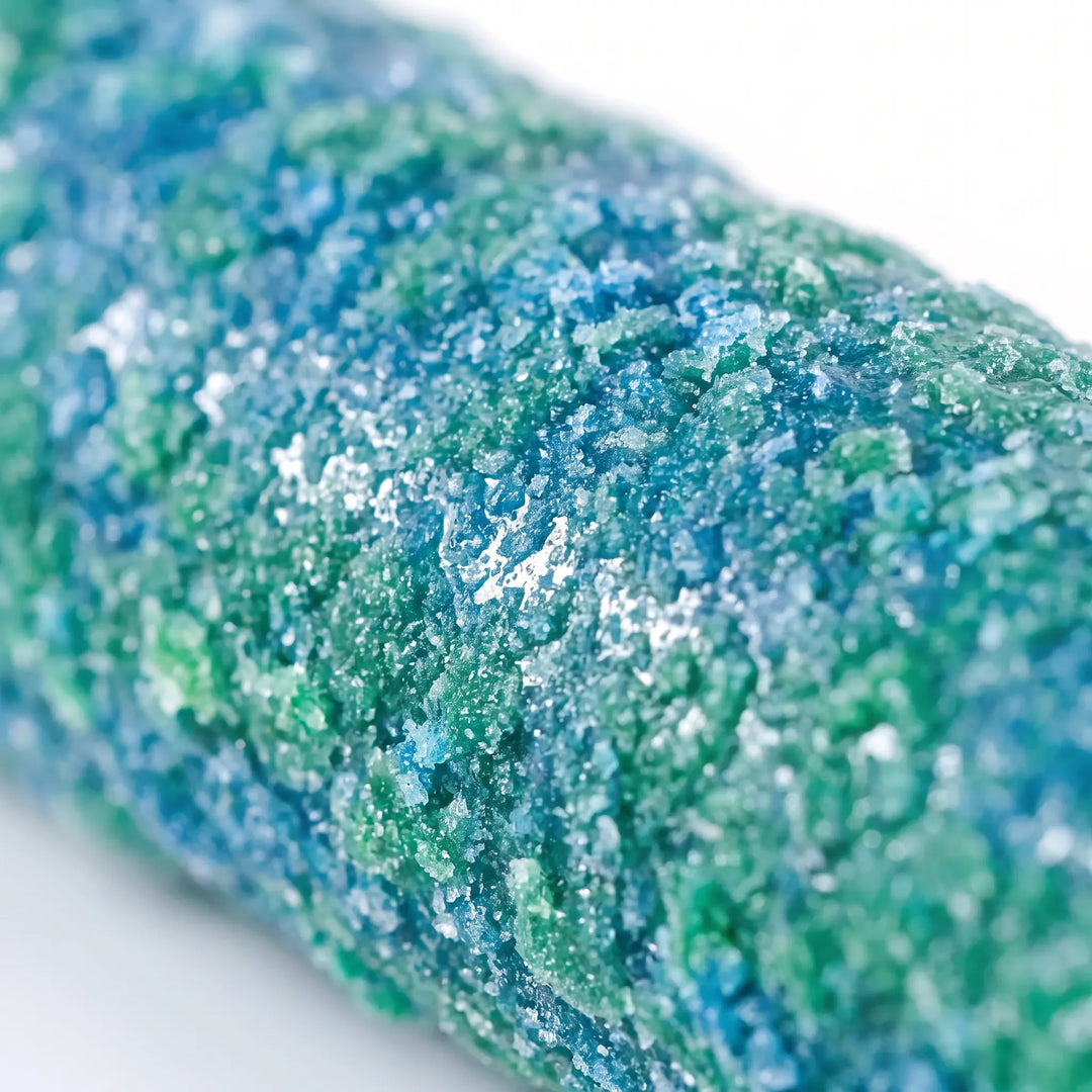 Close-up of the perch's rough, speckled surface in mottled blue and green, showing the coarse gritty texture. 4