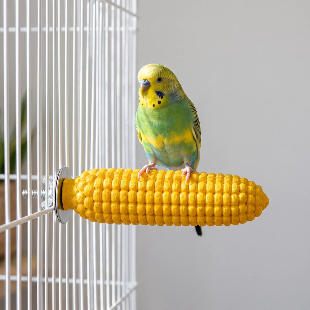 A green and yellow budgie perched on the corn cob perch attached to a white cage, shown in use. 2