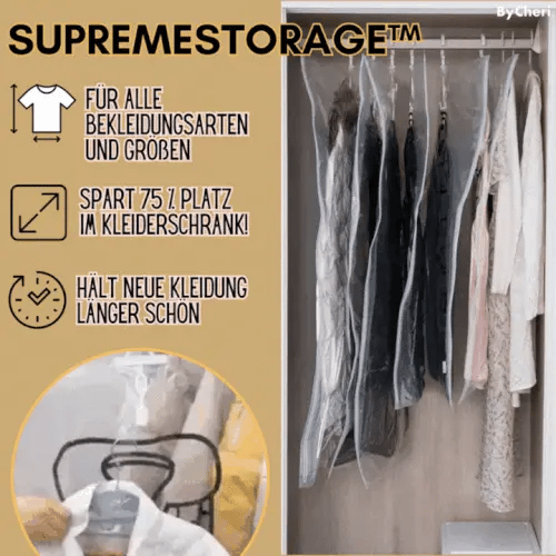 Clear hanging vacuum storage bags holding clothes beside loose garments in a closet.