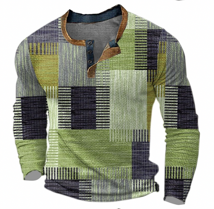 Men's Henley sweatshirt with green, gray and dark purple geometric patchwork print and brown-trimmed collar.