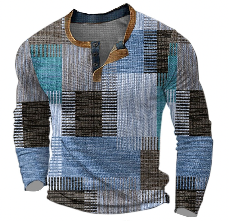 Men's Henley sweatshirt with blue, teal, brown and gray geometric block print and brown collar trim.