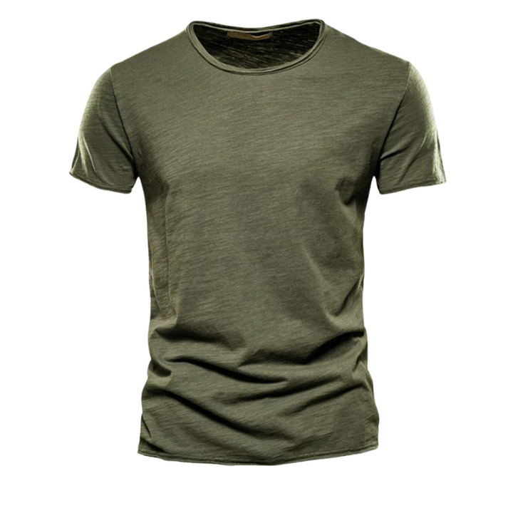 Olive green Men's T-Shirt with textured slub weave and raw-edge neckline, on white from the front.