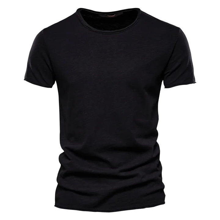Black Men's T-Shirt with a raw-edge collar and sleeve hems, laid flat from the front.