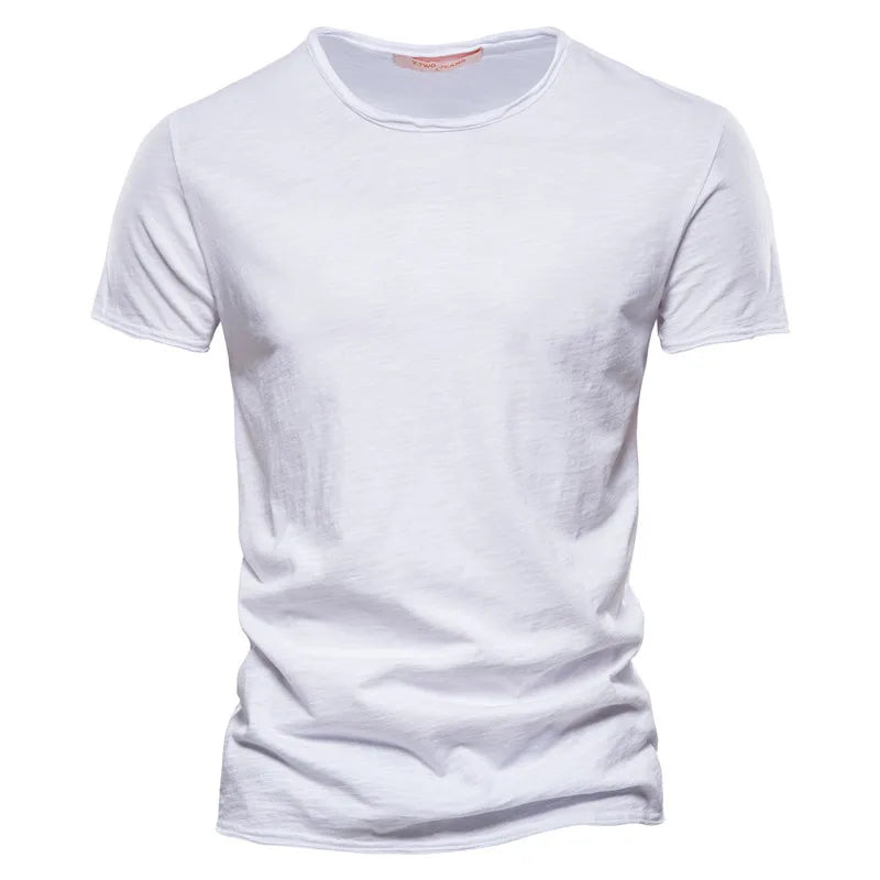 White Men's T-Shirt with a raw-edge collar and a small tag at the back neck, laid flat from the front.