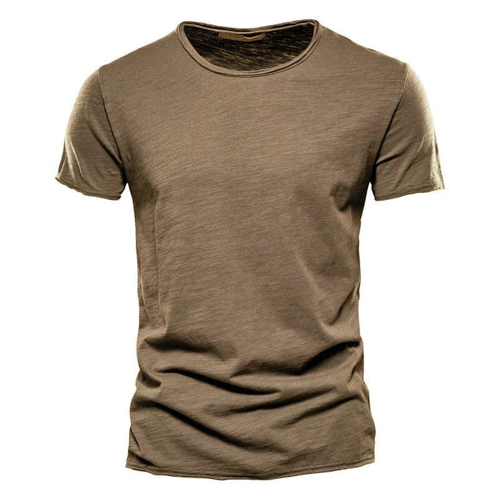 Khaki brown Men's T-Shirt with visible slub texture and a raw-edge neckline, laid flat from the front.
