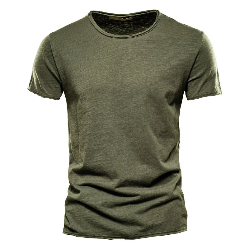 Dark olive green Men's T-Shirt with raw-edge collar and hems, laid flat from the front.