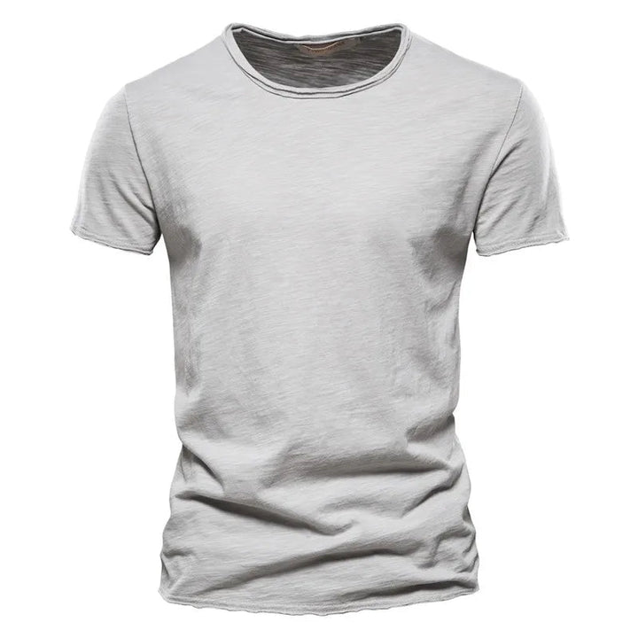 Light gray Men's T-Shirt with a raw-edge collar, laid flat from the front.