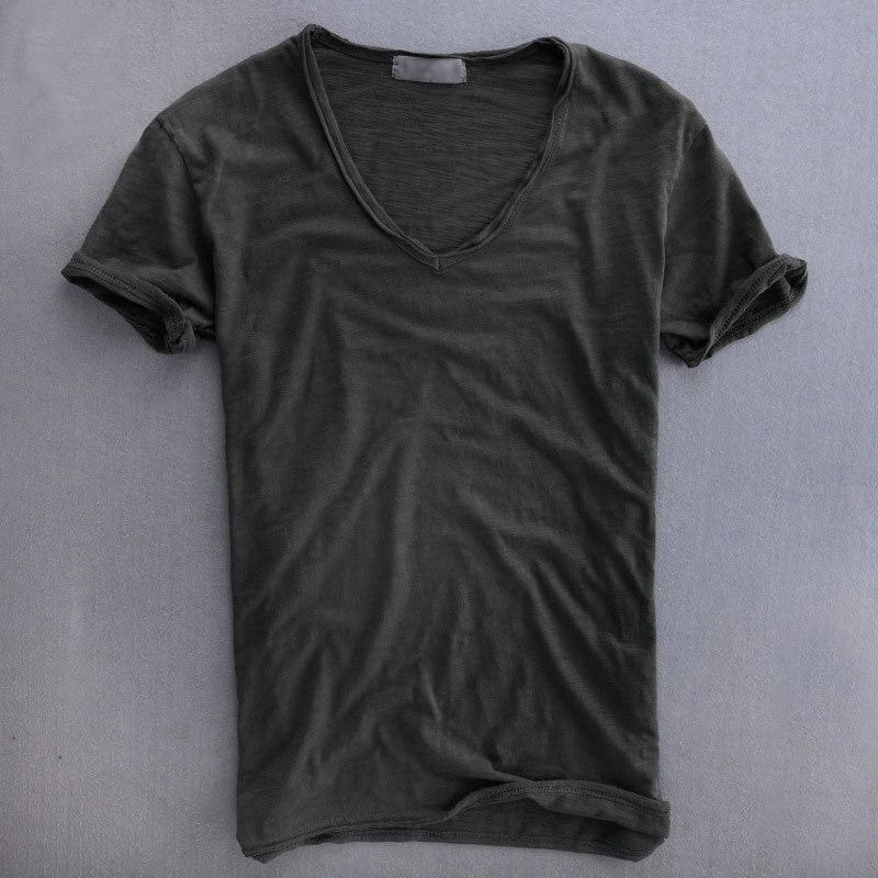 Dark charcoal gray V-neck T-shirt with textured knit and rolled sleeve cuffs.