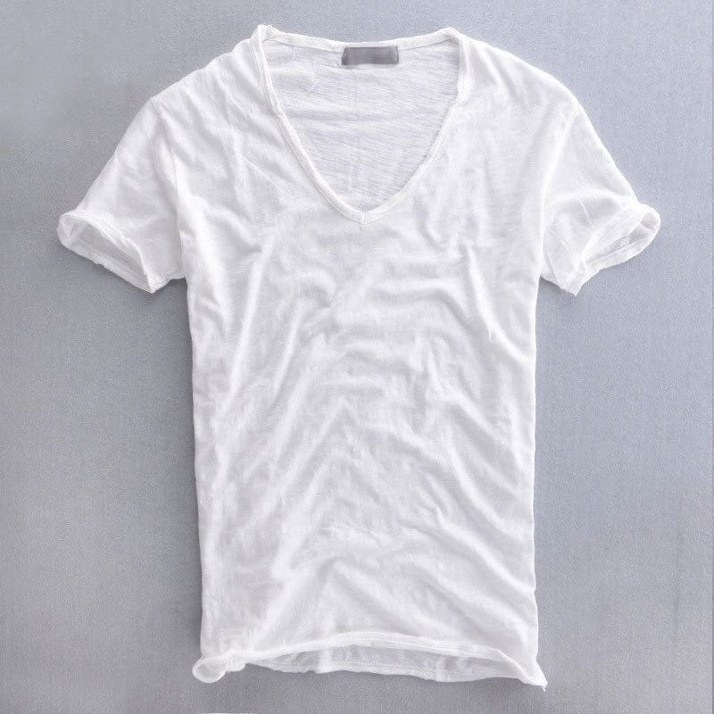 White V-neck T-shirt with lightweight textured fabric and raw-edge neckline.