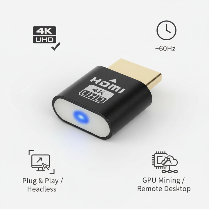 Black HDMI dongle with glowing blue light and 4K, 60Hz, headless use and remote desktop icons
