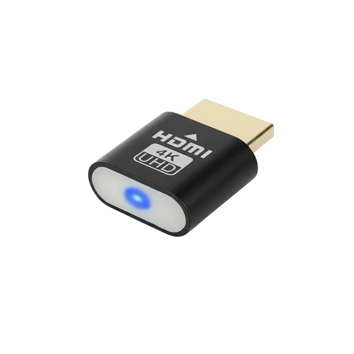 Black metal HDMI dongle with a gold connector and a glowing blue indicator light on its white end face