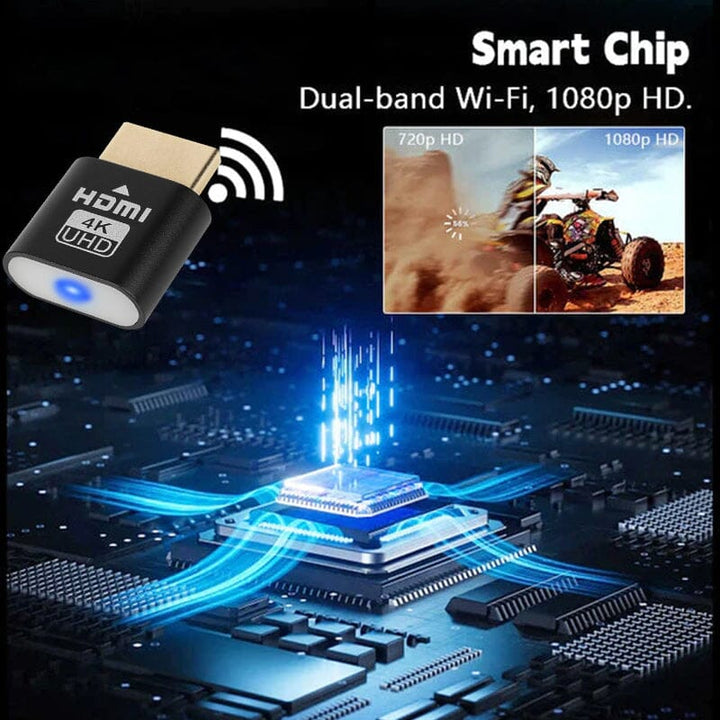 Black dongle detail beside a wireless signal icon over a glowing circuit board