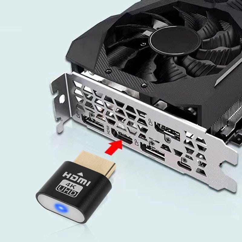 Black dongle detail with a red arrow pointing to the HDMI port on a graphics card