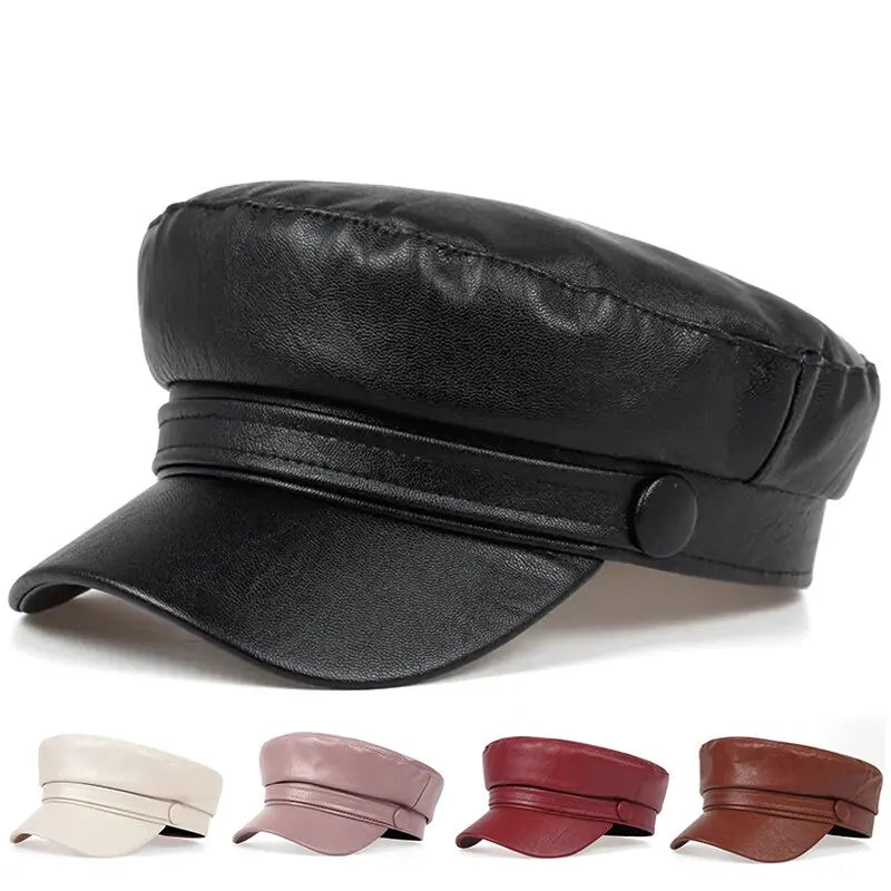 Black faux leather flat cap with button strap, plus four other color options below 1