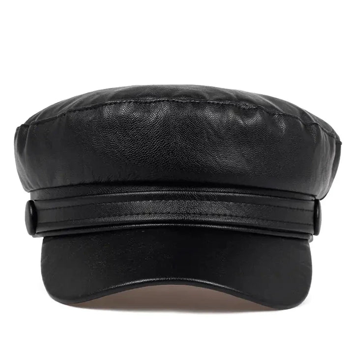 Front view of the black leather-look flat cap showing the visor and side buttons 10