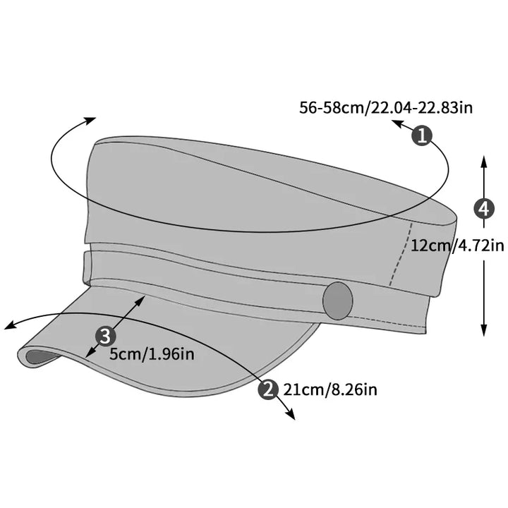 Diagram of a flat cap marking head circumference, visor length, visor depth and crown height 15