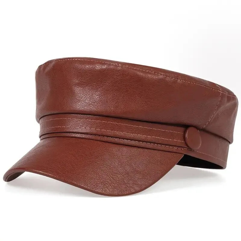 Brown leather-look flat cap with contrast stitching and a button strap, three-quarter view 18