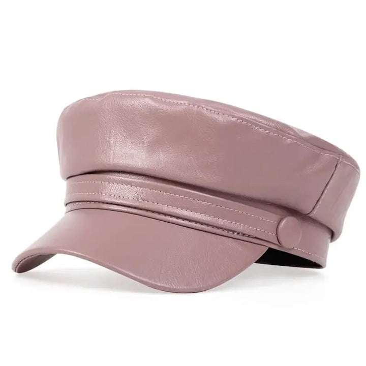 Dusty mauve pink leather-look flat cap with matching stitching and a button strap 20