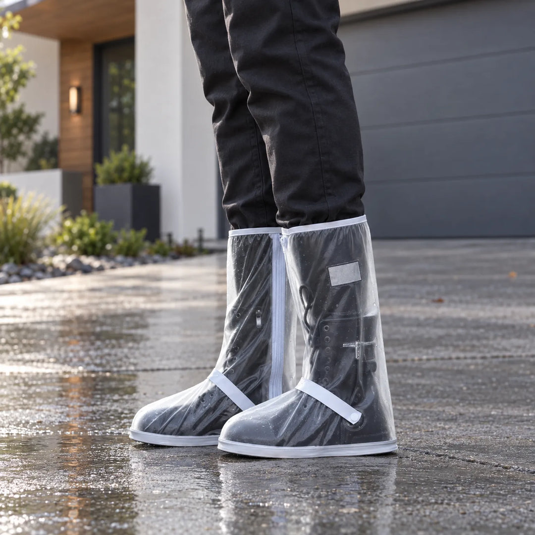 Side view of a person wearing clear tall shoe covers with white trim over black boots on a wet driveway outside a house. 3