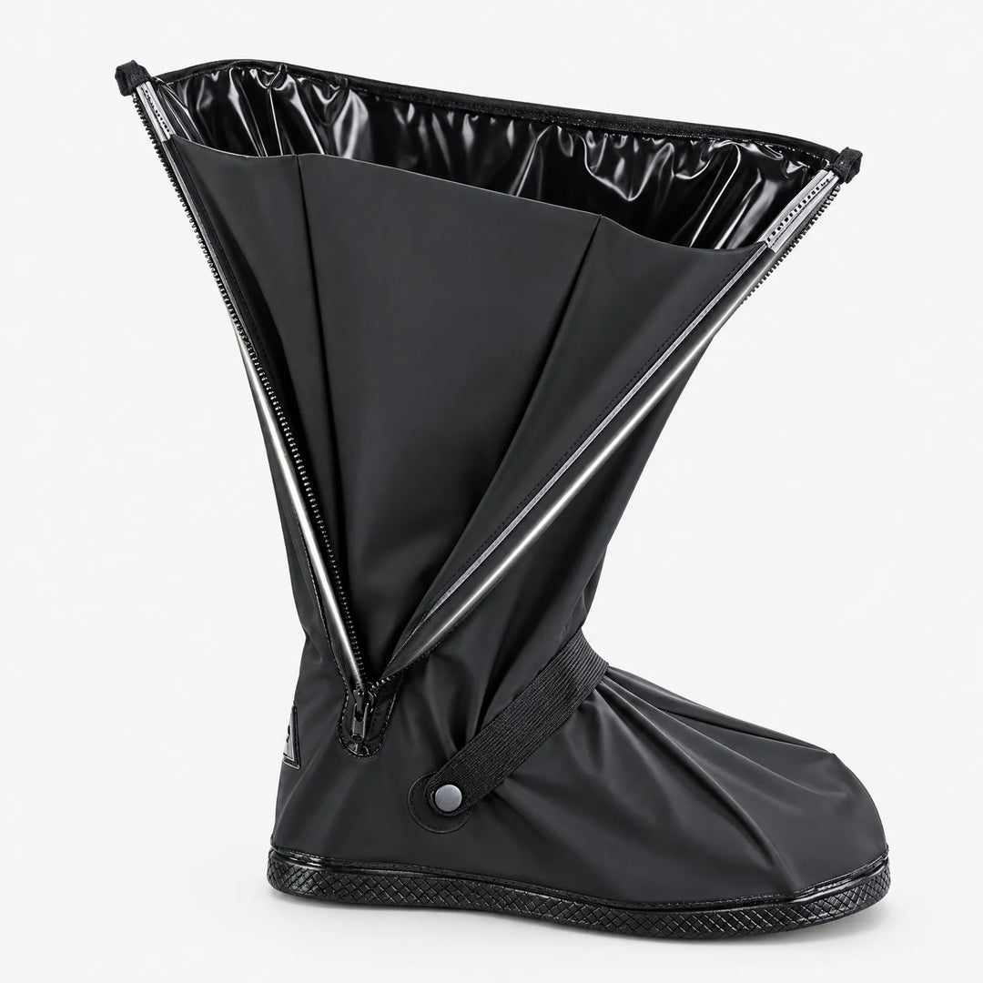 Black tall shoe cover standing alone with its side zipper fully open, showing the glossy lining and elastic ankle strap. 5