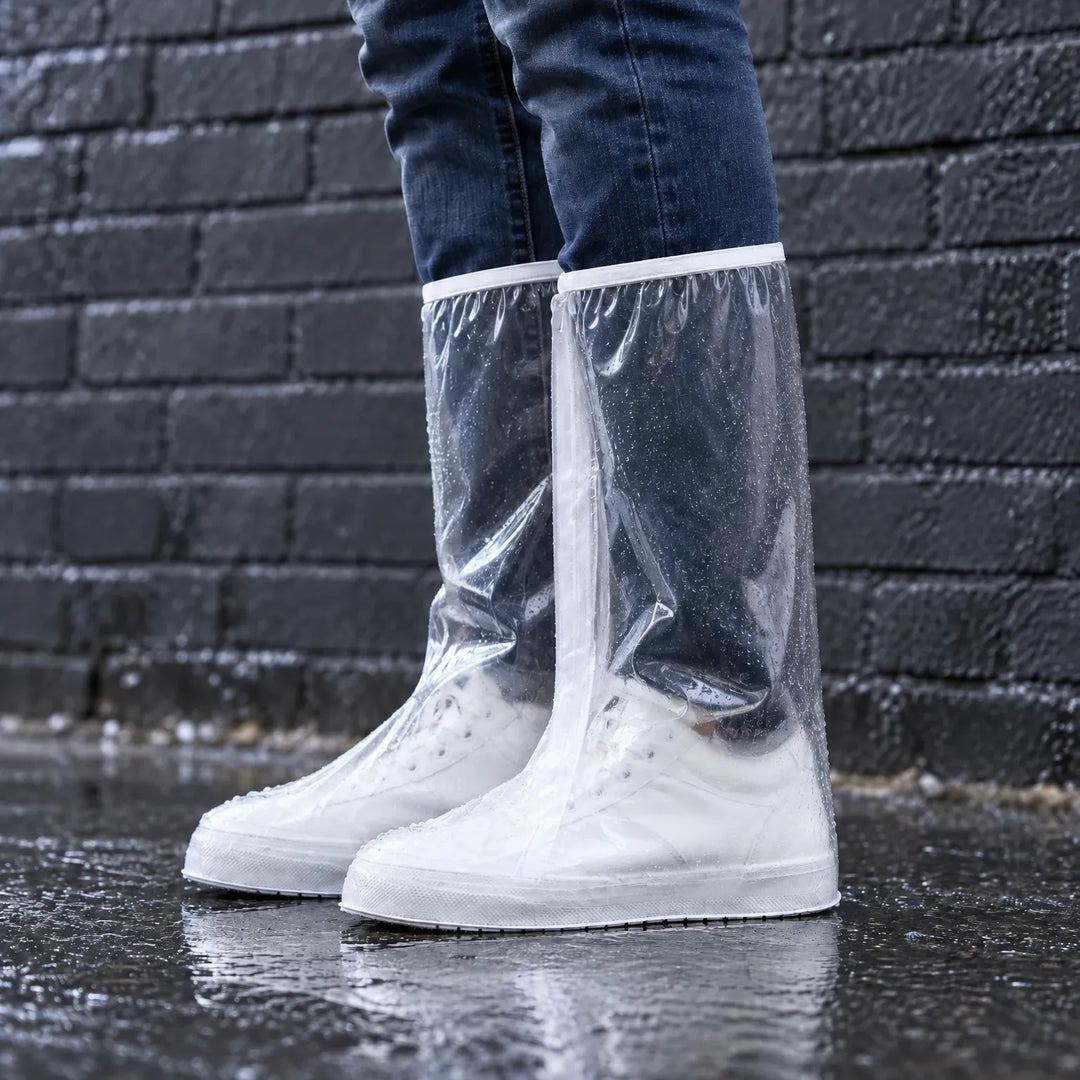 Person in jeans wearing clear tall overshoes over white sneakers, standing in a rain puddle in front of a dark brick wall. 1