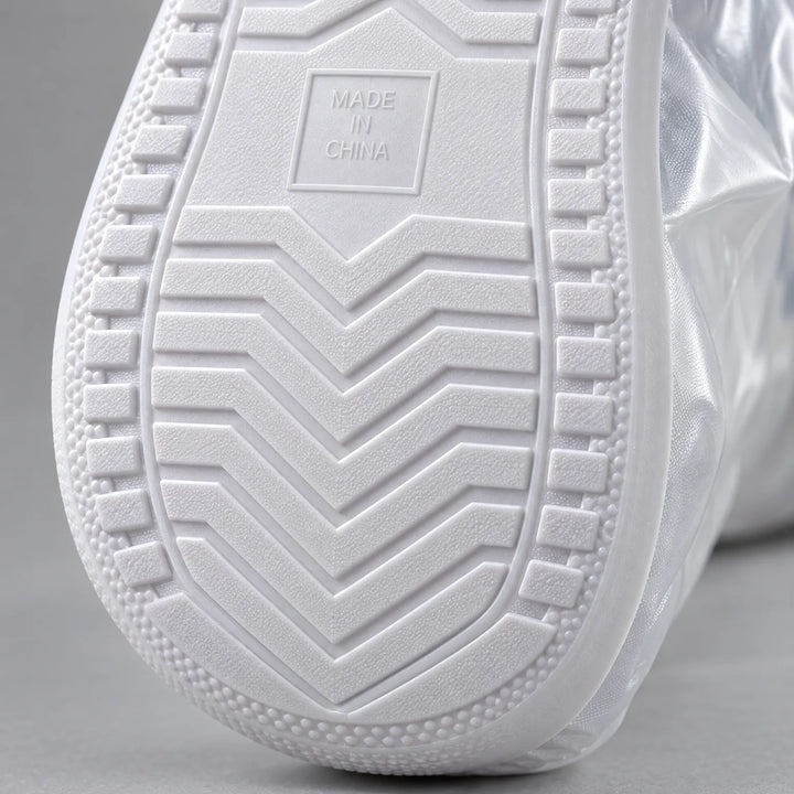 Close-up of the white rubber sole of an overshoe, showing the chevron tread pattern and the textured edge for grip. 6