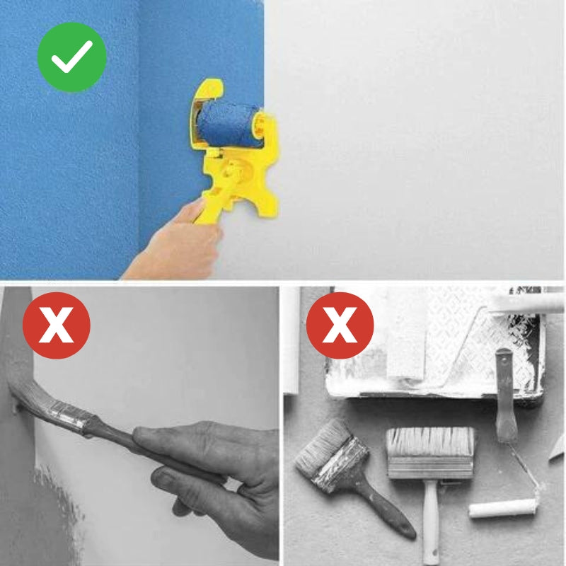 Yellow edge painting guide tool another view painting a clean blue wall edge.