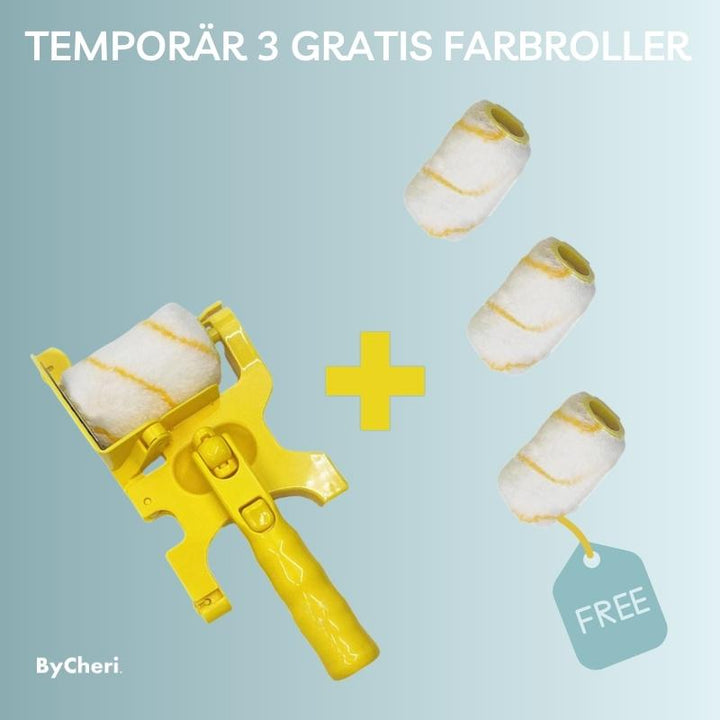 Yellow edge painting guide tool with a roller attached and three extra white-and-yellow rollers.