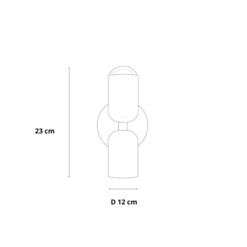 Line drawing of the wall lamp with dimension markings showing its overall height and the width of its round backplate. 23