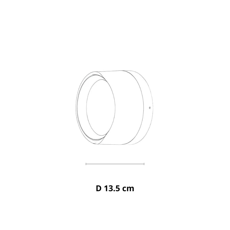 Line drawing of the round wall light in side view with a 13.5 cm diameter line.